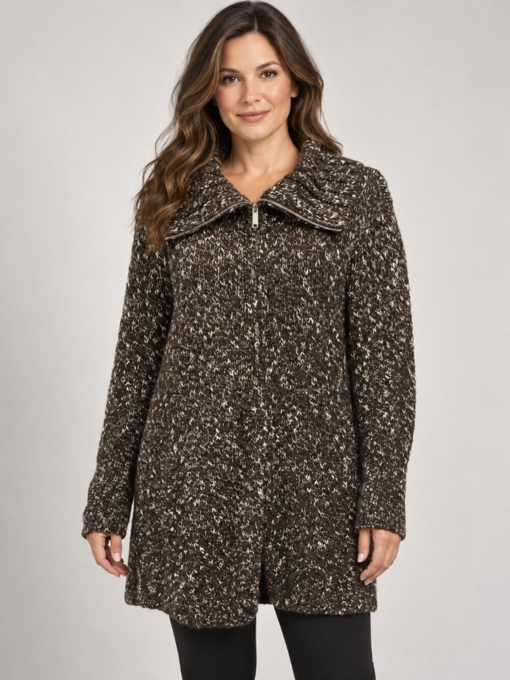 Chico’s Size 1 Brown Cream Marled Wool Blend Zip Front Long Cardigan Sweater